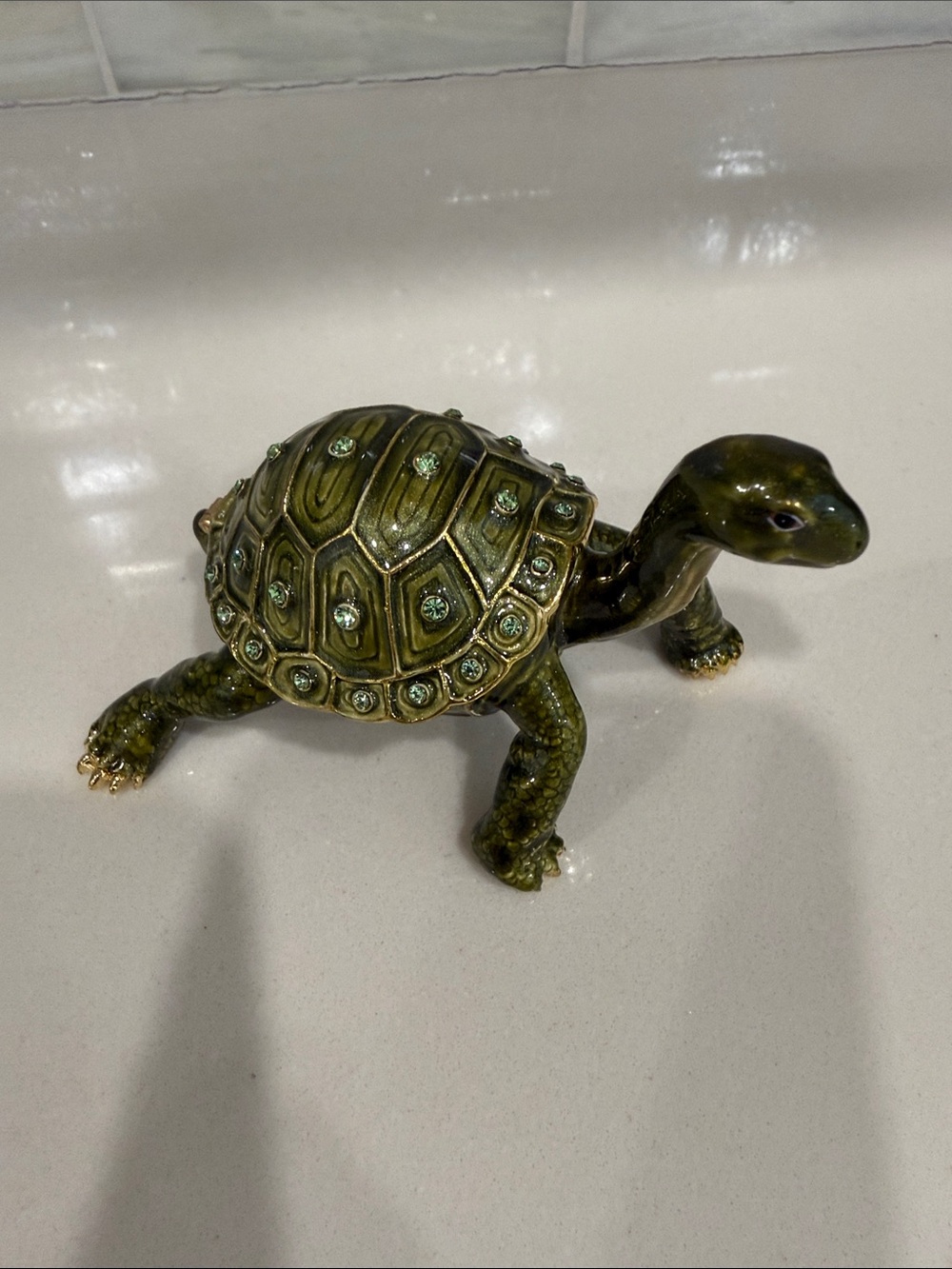 Enameled Green Turtle Metal Trinket Box with Austrian Crystals & Goldtone trim